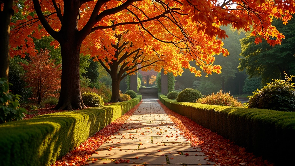 Autumn garden path lined with golden and russet-colored foliage, fallen leaves on stone pathway, soft natural light