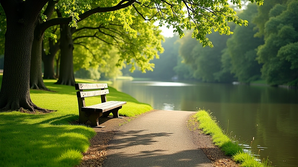 Riverside pathway with wooden benches overlooking calm water and green banks