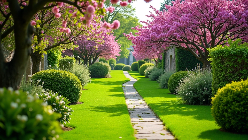 Vibrant spring garden with blooming pink magnolia trees and purple crocuses along stone pathway