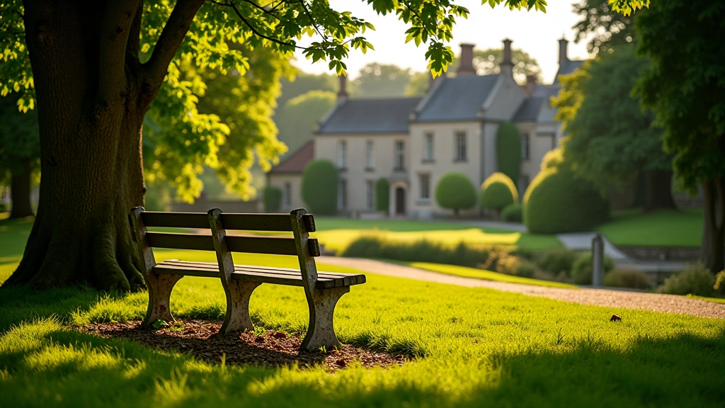 Wooden garden bench with castle views in the background